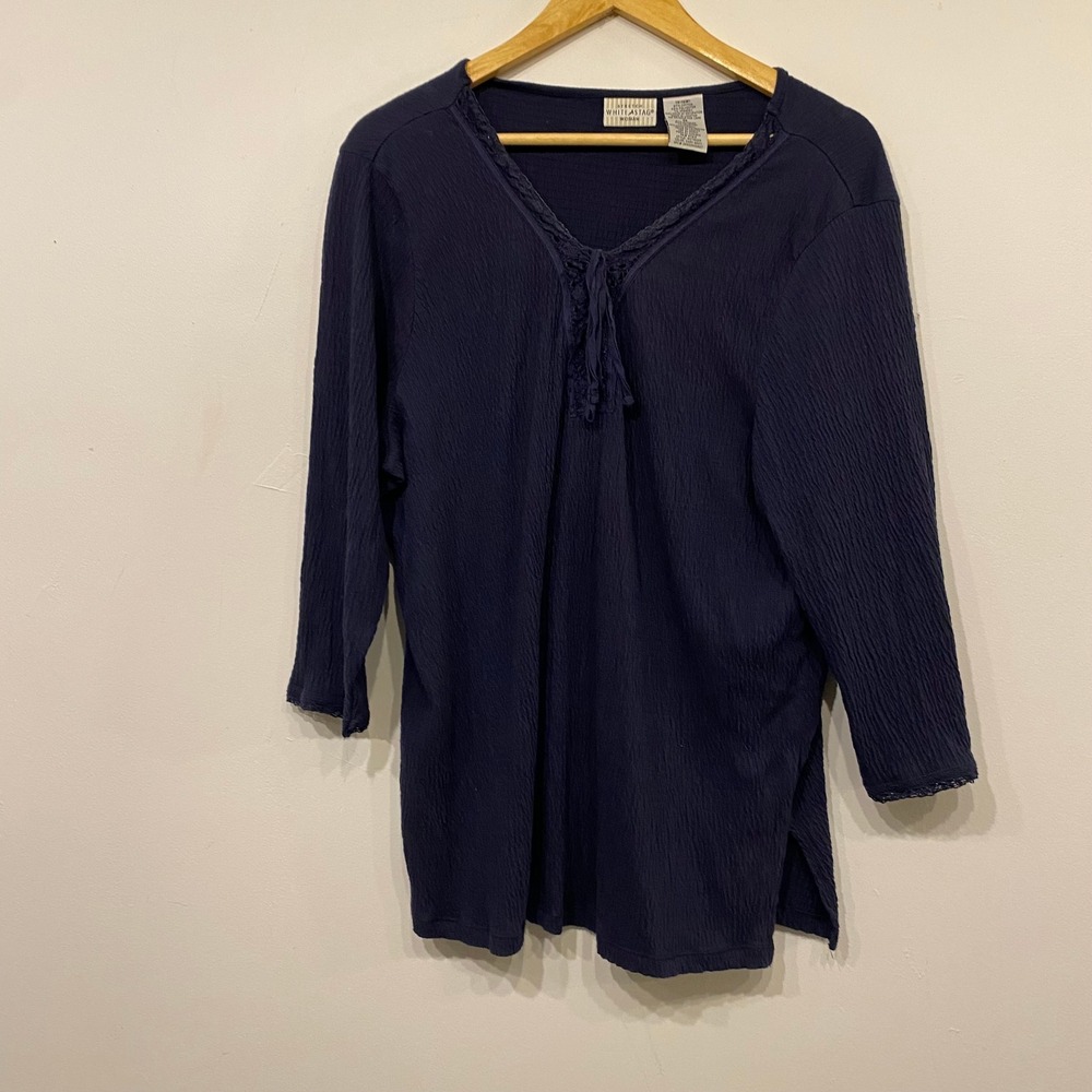 White Stag Woman Navy Blue Crochet Lace V-Neck Tassel Top 1X 16W WS715229
